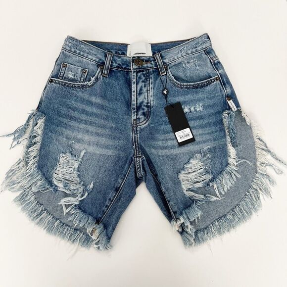 One Teaspoon Womens Cobaine Frankies Distressed Whiskered Cotton Denim Shorts 24 - Picture 1 of 8